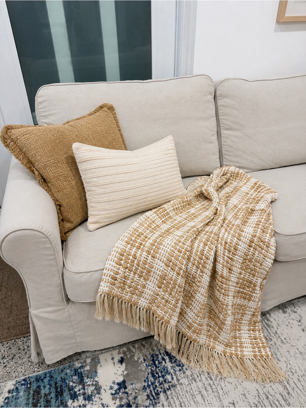 Urban Outfitters Cream and Tan Waffle Fringe Throw. Made in India